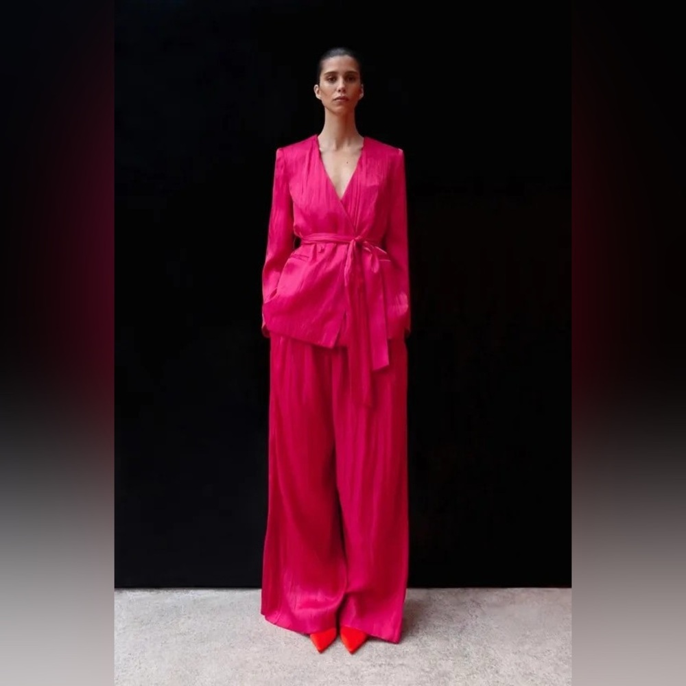 NWT ZARA Fuchsia Hot Pink Sheen Wrinkled Button Belted Blazer Pants Coord Set S
